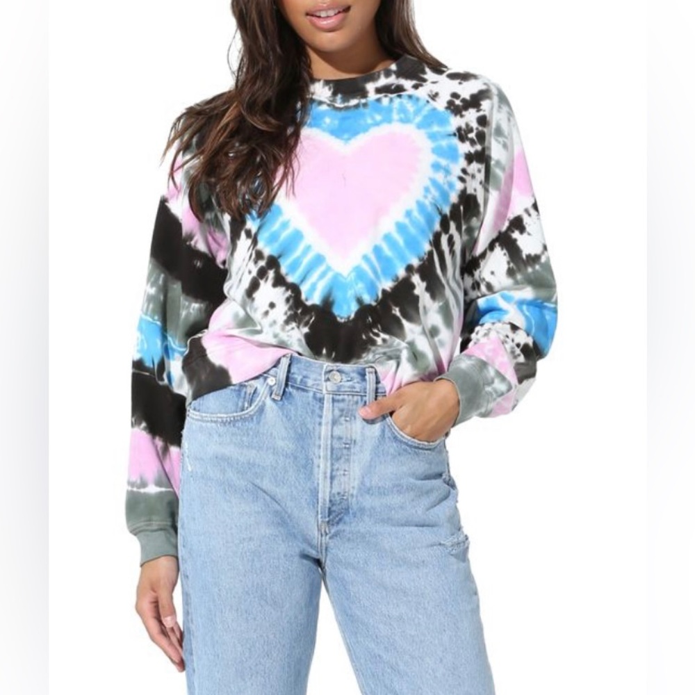 Electric and Rose Heart Print  Tie Dye Sweatshirt Pink, Black & Blue Size Medium